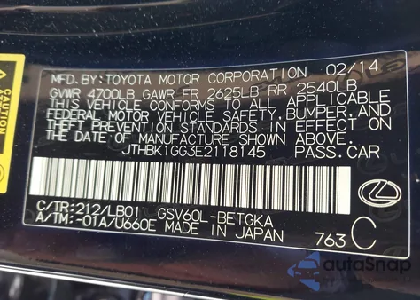 2014 Lexus Es 350 z USA, uszkodzony, nr VIN JTHBK1GG3E2118145